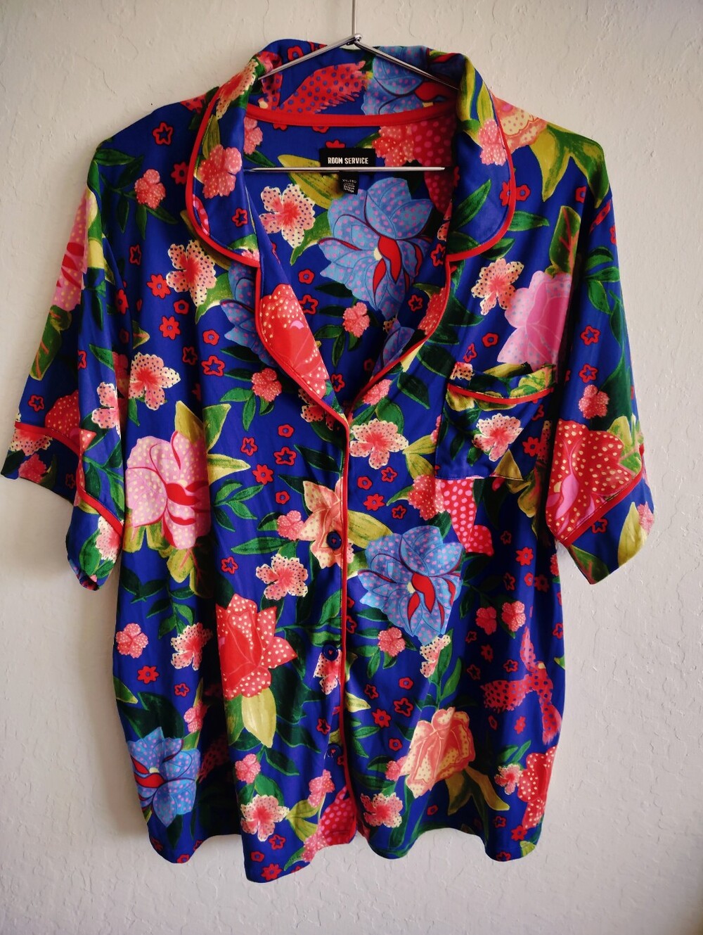 Room Service Women's Pajama Top XXL Blue Tropical Hibiscus Floral Button Up